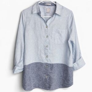 Chico's NO-IRON FreshChic Linen Colorblock Blue Button Up Shirt, Size XS